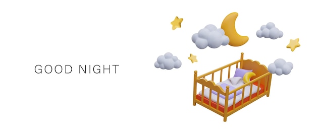 Concepto vectorial para buenas noches en estilo de dibujos animados en 3D Cama de bebé luna estrellas nubes