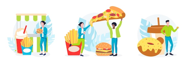 Concepto vectorial de comida local evento personas pequeñas comiendo comida rápida diferente