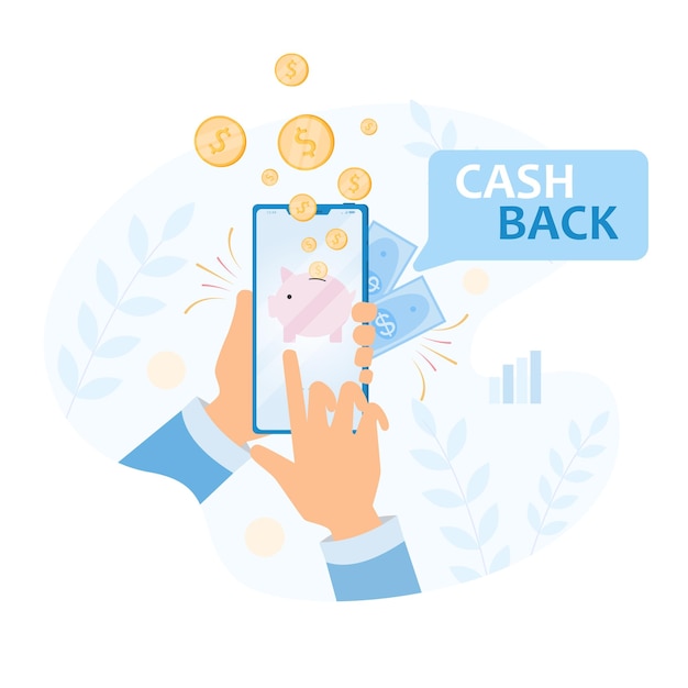 Concepto vectorial de devolución de dinero hombre que usa una aplicación de teléfono móvil para obtener dinero de vuelta