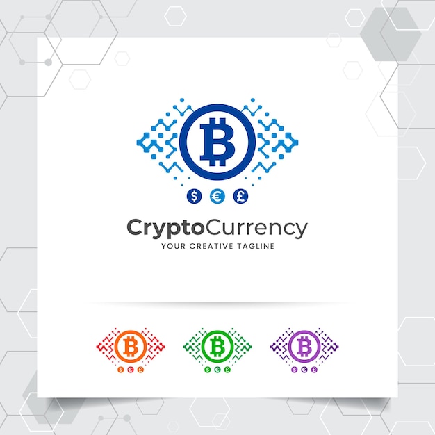 El concepto vectorial de diseño del logotipo de Bitcoin de la criptomoneda como un intercambio de sistema de pago digital