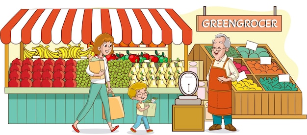 Concepto vectorial de estilo de vida familiar saludable Compras de frutas y verduras en familia felices