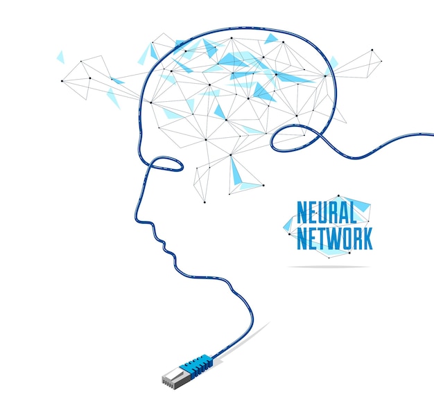 Concepto vectorial de inteligencia artificial de red neuronal con enchufe en forma de silueta de cabeza de hombre y líneas conectadas tema de tecnología y ciencia