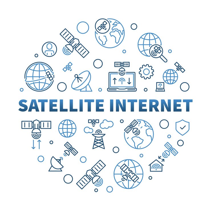 Vector el concepto vectorial de internet por satélite es una bandera redonda de línea delgada - ilustración lineal azul tecnológica