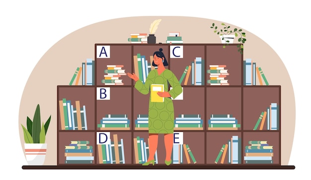 Concepto vectorial de la mujer bibliotecaria