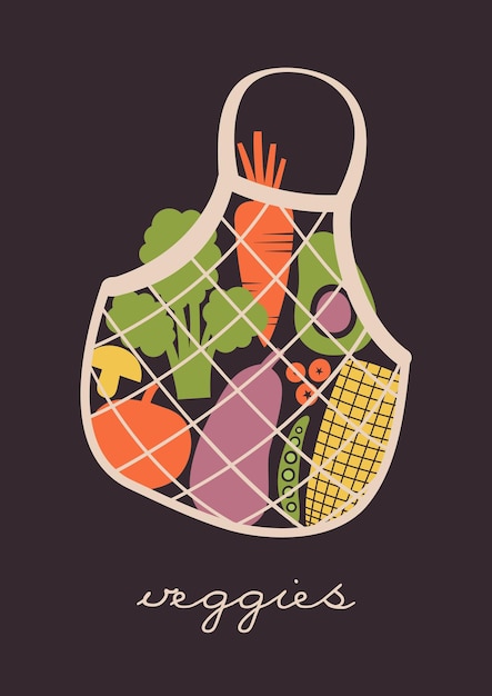 Concepto vegano. Ilustración de bolsa ecológica con verduras, brócoli, zanahoria, aguacate al estilo plano.