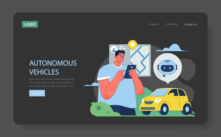 Vector concepto de vehículos autónomos hombre usando tableta para interactuar con coche autónomo integración de la ia en