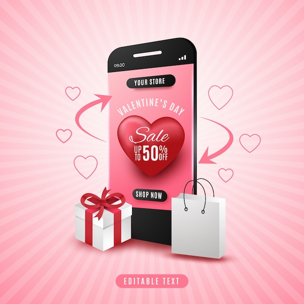 Concepto de venta de compras en línea del día de san valentín en la aplicación móvil