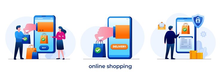 Vector concepto de venta de compras en línea pago fácil compras venta tienda tienda comercio electrónico finanzas negocio ilustración plana vector