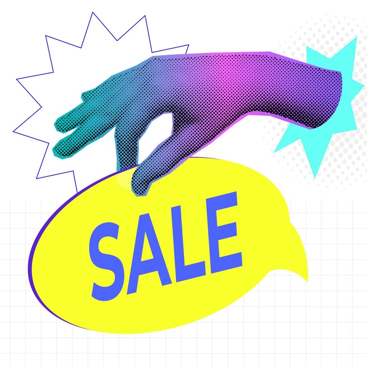 Vector concepto de venta con manos de medio tono con pegatina de precio cortar formas de revistas modernas elementos de collage retro ilustración vectorial