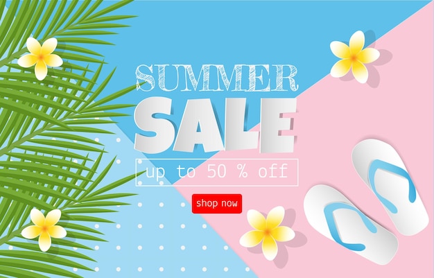 Vector concepto de venta de verano para promoción de descuento sandalias hojas de coco flor de plumeria en colorido