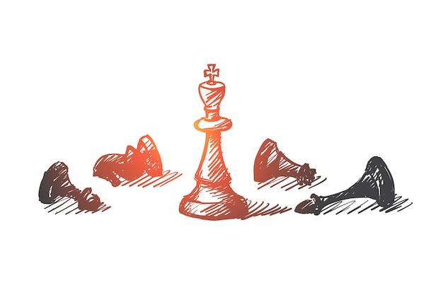 Vector concepto de ventaja figura de ajedrez negra principal dibujada a mano frente a un solo peón en el tablero de ajedres figura deajedrez