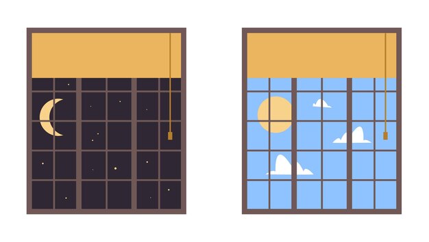 Concepto de ventana aislada de día y noche Ilustración de diseño gráfico de dibujos animados planos vectoriales