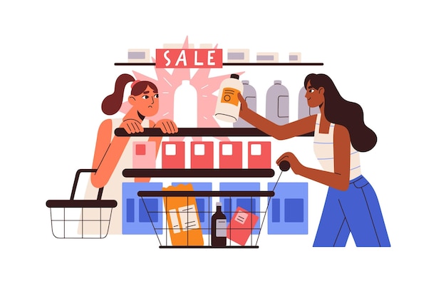 Concepto de ventas Cliente con carrito hacer compra comprar en el mercado de tiendas de cosméticos Último producto en descuentos de viernes negro Mujer comprando fuera de línea tarde para regalo Ilustración vectorial aislada plana en blanco