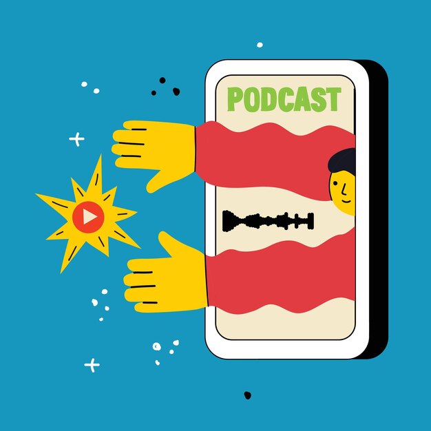 Concepto de ver video en línea podcast programa de entrevistas aplicación de televisión transmisión en vivo Mano que sostiene el teléfono inteligente con el hombre con micrófono en la pantalla Ilustración vectorial en estilo plano