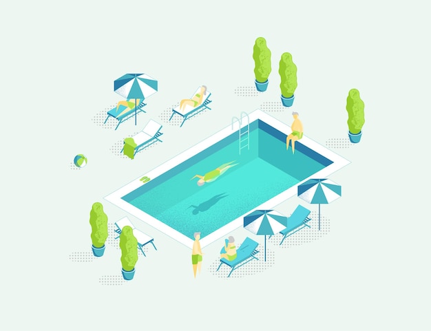 Concepto de verano de piscina pública de natación Vector de vista isométrica en 3D