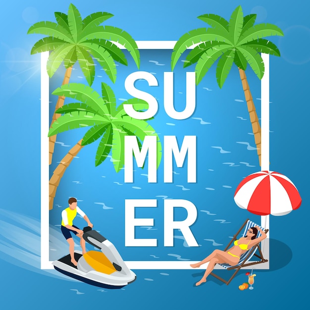 Concepto de verano de playa de arena. fondo de viaje idílico. ilustración isométrica vectorial plana 3d