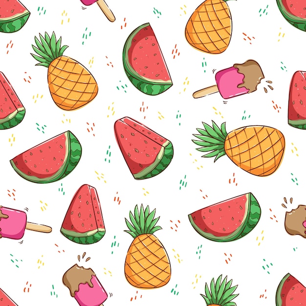concepto de verano tropical en patrones sin fisuras piña fresa helado sandía