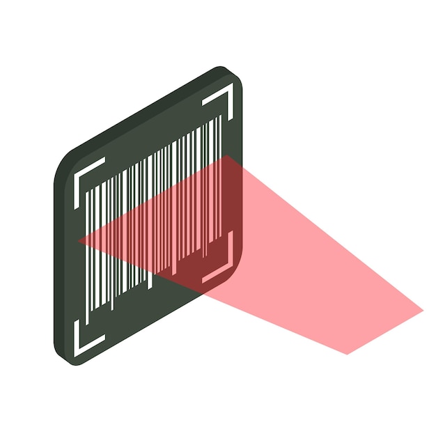 Concepto de verificación de código de barras. Código de barras legible por máquina. El proceso de escaneo con láser. Ilustración isométrica del vector aislada en el fondo blanco