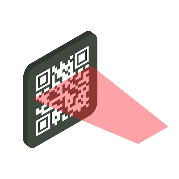 Concepto de verificación qr. código de barras legible por máquina. el proceso de escanear el código qr con un láser. ilustración isométrica del vector aislada en el fondo blanco