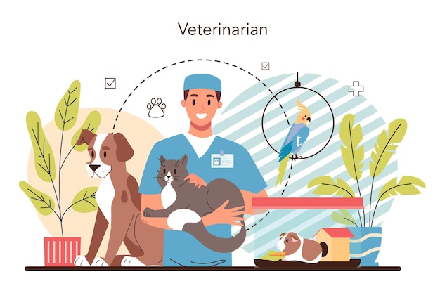 Vector concepto de veterinario de mascotas médico veterinario que revisa y trata a los animales idea de cuidado de mascotas tratamiento médico y vacunación de animales ilustración plana vectorial