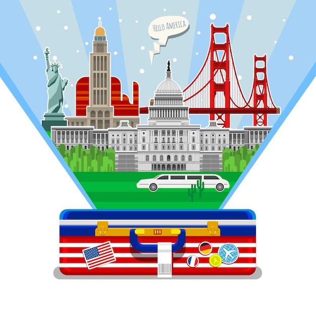 Concepto de viajar o estudiar inglés. bandera americana con hitos en maleta abierta. excelentes vacaciones en estados unidos. buen viaje a estados unidos. hora de viajar. diseño plano, ilustración vectorial