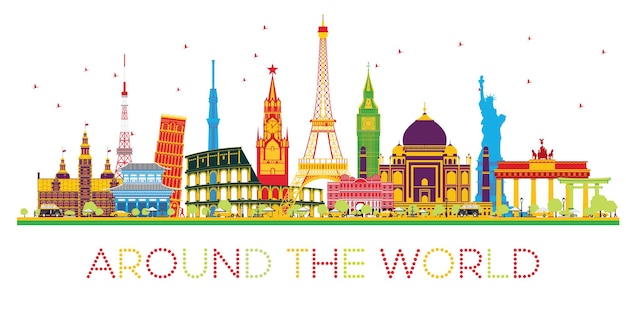 Concepto de viaje alrededor del mundo con famosos monumentos internacionales. Ilustración de vector. Concepto de turismo y negocios. Imagen para presentación, cartel, banner o sitio web.