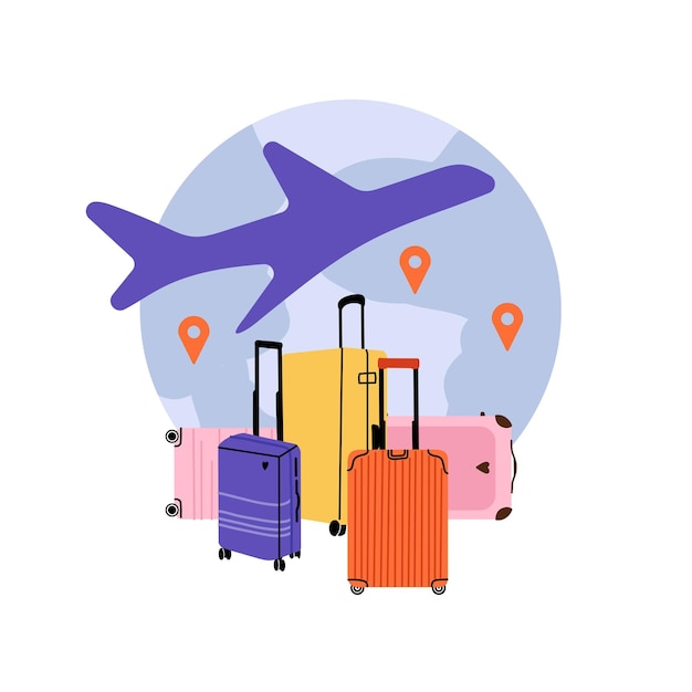 Concepto de viaje Búsqueda de recorrido y boletos Maleta de viaje equipaje mapa del mundo destino marca avión turista salida vacaciones vacaciones equipaje en aeropuerto dibujo animado plano ilustración aislada
