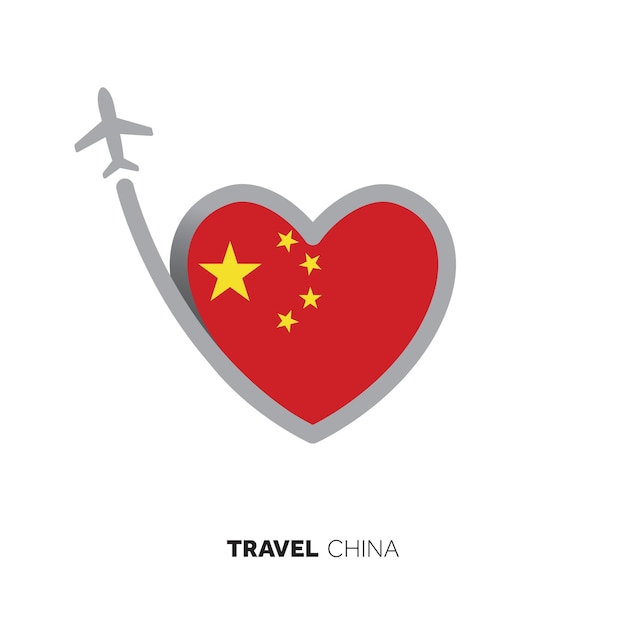 Concepto de viaje de China Bandera en forma de corazón con avión