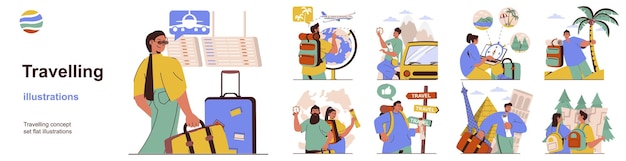 Vector concepto de viaje con colección de situaciones de personajes paquete de escenas personas con equipaje y mochilas turísticas van de vacaciones en la playa viajes y caminatas ilustraciones vectoriales en diseño web plano