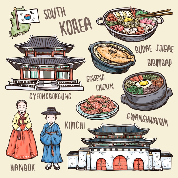 Concepto de viaje colorido del estilo exquisito dibujado a mano de Corea del sur