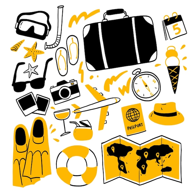 Concepto de viaje Conjunto de objetos de viaje Elementos de viajes turísticos