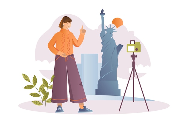 Concepto de viaje con escena de personas en el estilo de dibujos animados Una niña toma una foto cerca de un lugar famoso