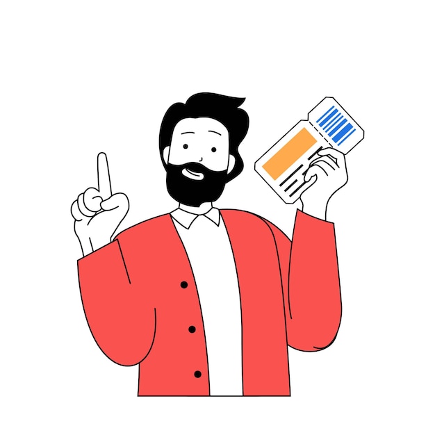 Concepto de viaje con gente de dibujos animados en diseño plano para web Hombre con boleto de avión yendo a vacaciones de resort con turismo histórico Ilustración vectorial para material de marketing de banner en redes sociales