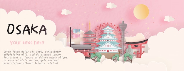 Concepto de viaje con osaka, japón famoso monumento en fondo rosa. ilustración de corte de papel