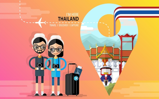 Concepto de viaje de Tailandia Los lugares más hermosos para visitar en Tailandia en estilo plano