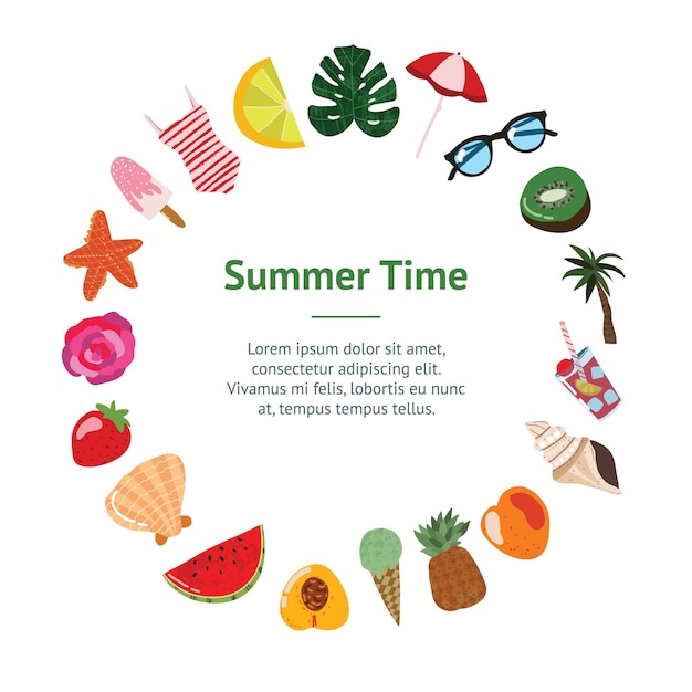 Concepto de viaje de verano de dibujos animados Banner Card Circle Vector