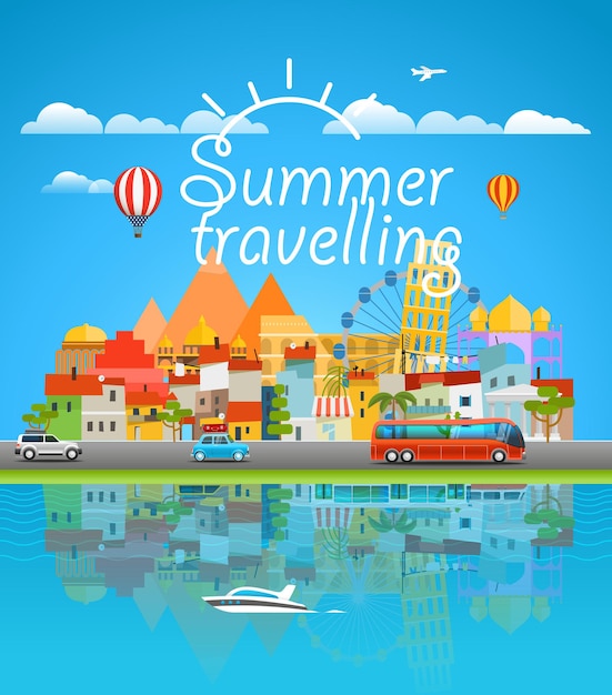 Concepto de viaje de verano. Ilustración de viaje de vector de paisaje urbano de Asia