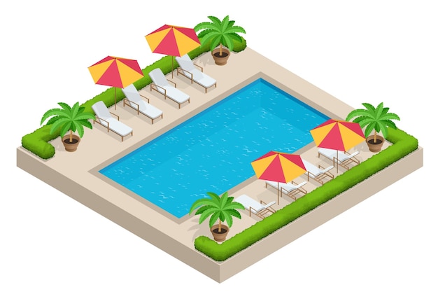 Concepto de viaje de verano. Piscina, sombrilla sombrilla, sillas de playa. Ilustración de vector isométrica plana 3d de piscina
