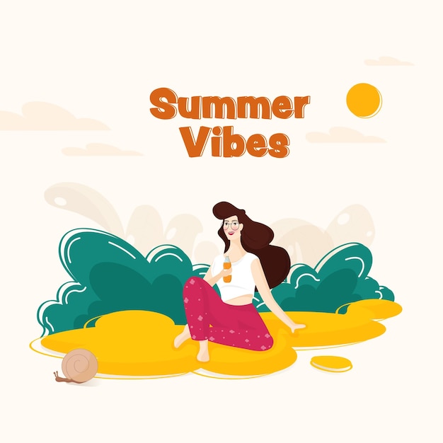 Concepto de vibraciones de verano con dibujos animados mujer joven bebiendo jugo de caracol y sol contra el fondo blanco.