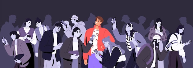 Concepto de vida fuera de línea frente a la vida en línea Personas adictas a los teléfonos inteligentes que navegan por Internet Banner multitud obsesionada con los teléfonos redes sociales medios de comunicación Esclavitud de aparatos teléfonos Ilustración vectorial plana