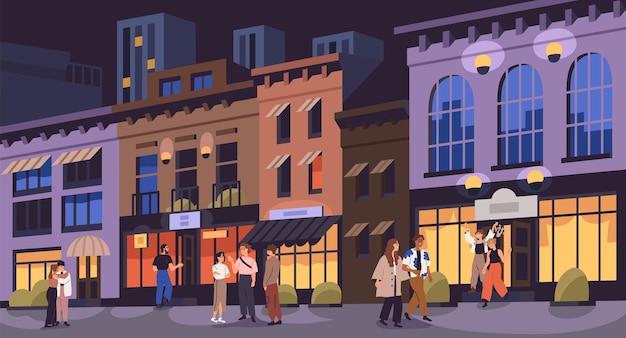 Concepto de vida nocturna de la ciudad. Jóvenes, amigos caminando por las calles urbanas. Hombres, mujeres, jóvenes pasando el rato al aire libre por la noche, por la noche. Paisaje urbano a medianoche, fin de semana. Ilustración de vector plano.