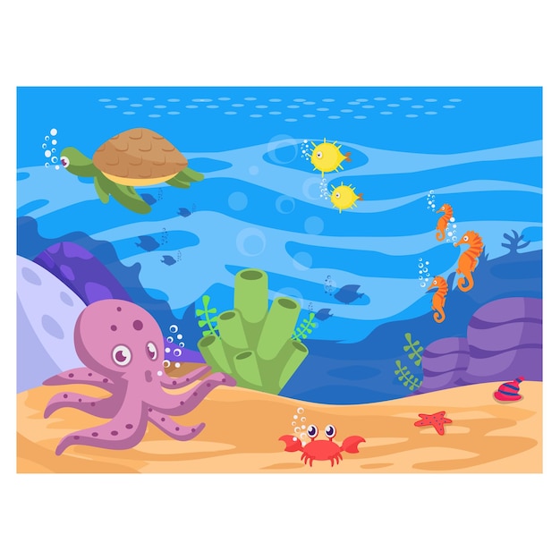 Concepto de vida submarina, muchos tipos de animales marinos bajo el océano Mar bajo la superficie del agua