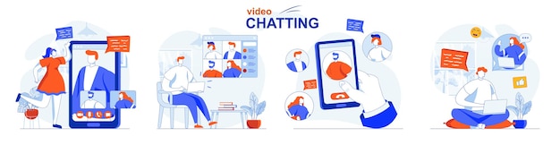 Concepto de video chat establecer comunicación en línea amigos hablar en videollamadas