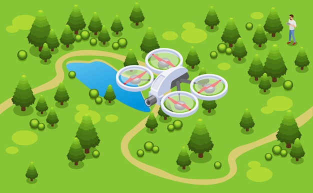 Concepto de video de grabación de drones isométricos con quadrocopter volando sobre el parque