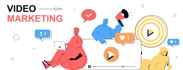Concepto de video marketing en diseño de dibujos animados planos para banner web Gente analizando las tendencias del mercado creando contenido de video viral haciendo publicidad con atraer tráfico de audiencia Ilustración vectorial