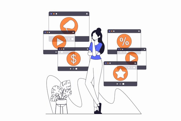 Concepto de video marketing con escena de personas en diseño de contorno plano