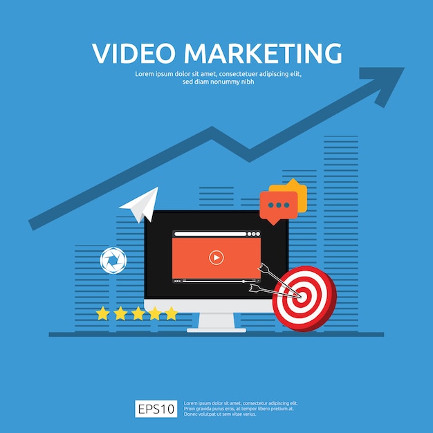 Concepto de video marketing con gráfico y monitor de pantalla de pc