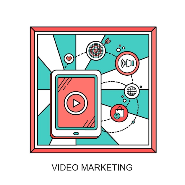 Concepto de video marketing: mostrar video en tableta en estilo de línea