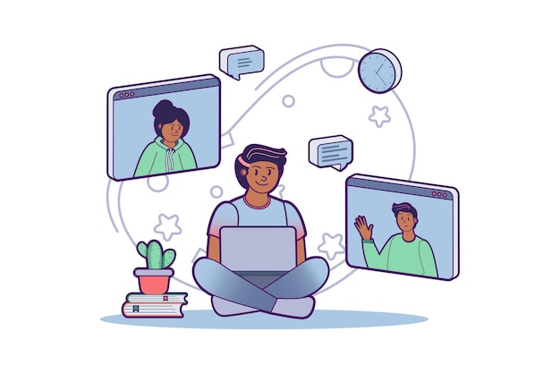 Concepto de videoconferencia en línea con escena de personas en el diseño de dibujos animados planos