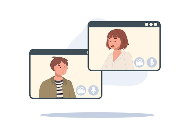 Concepto de videollamada, red global. Hombre y mujer están hablando y haciendo videollamadas a través de una aplicación de Internet